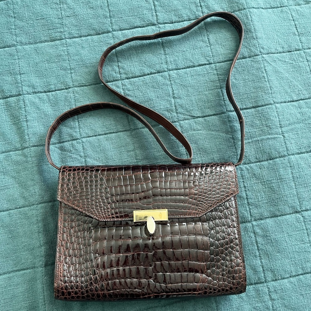 Cesare Piccini dark brown crocodile leather shoulder purse vintage 1970s